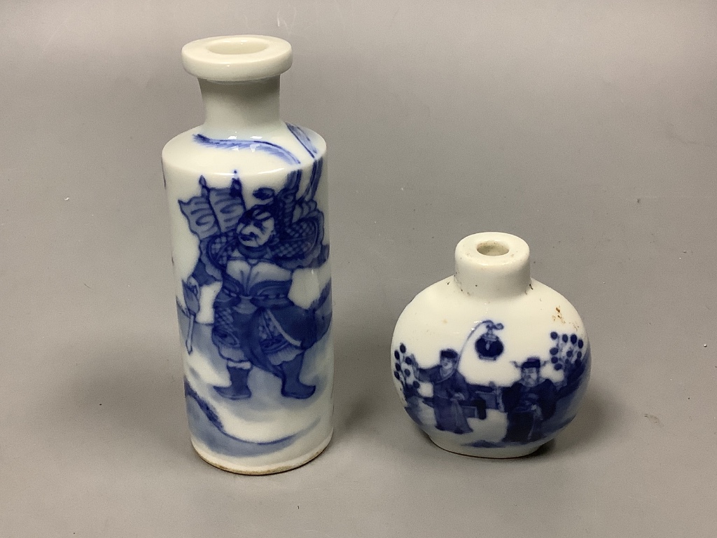 Two Chinese blue and white snuff bottles, tallest 10cm